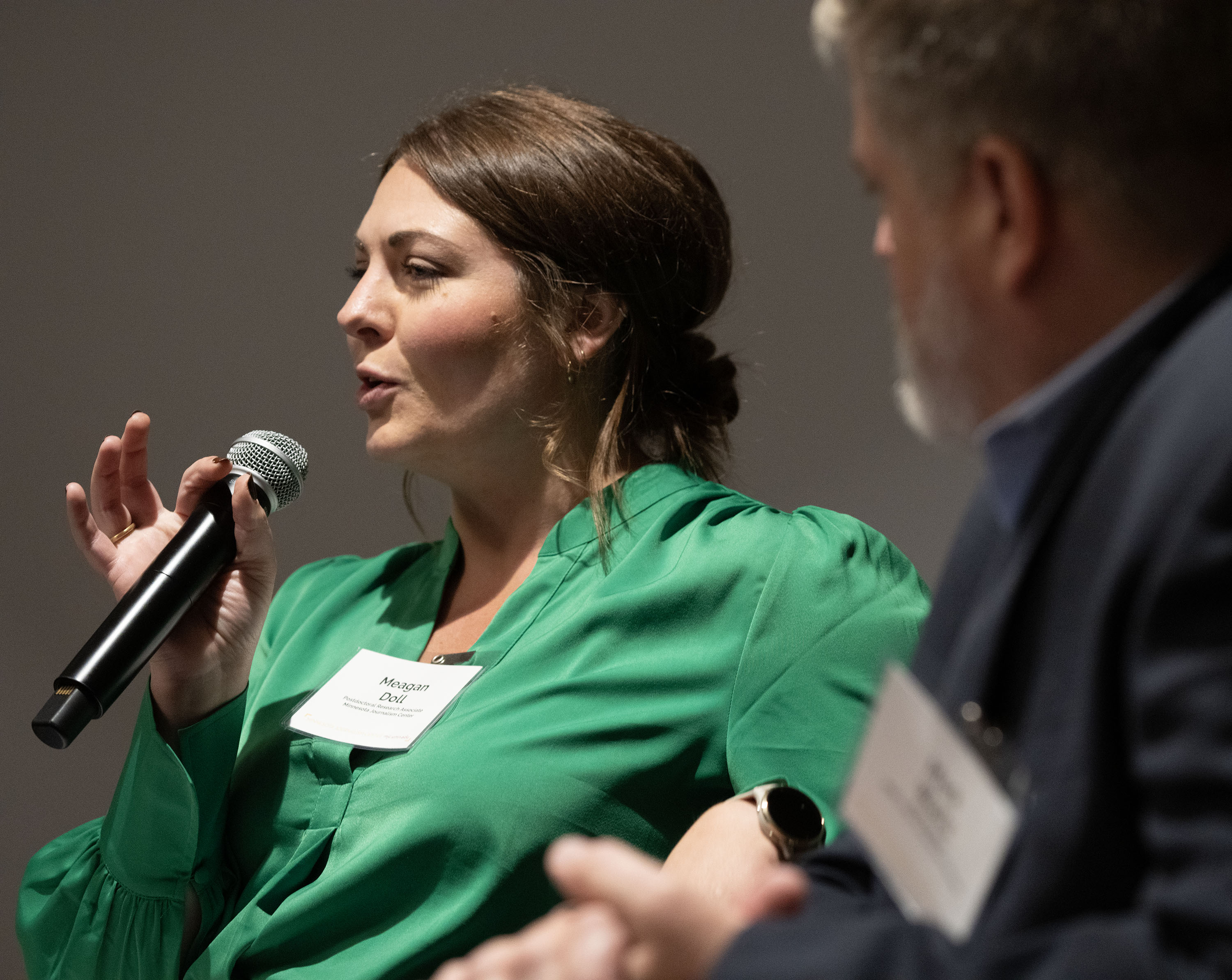 The University of Minnesota's Meagan Doll responds to a question during the third symposium on the 80th anniversary of the Minnesota Poll on campus Sept. 19, 2025. Photo by Judy Griesedieck for the MJC
